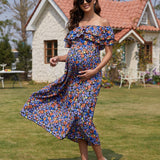 Maternidad Vestido con estampado floral de hombros descubiertos ribete con fruncido
