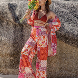 Rusttydustty con estampado de retazo Kimono & Pantalones de pierna ancha