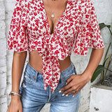 VCAY Camisa crop con estampado floral de manga mariposa con nudo delantero