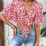 VCAY Camisa crop con estampado floral de manga mariposa con nudo delantero
