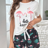 Conjunto de pijama shorts con camiseta flamenco & con estampado de slogan