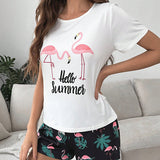 Conjunto de pijama shorts con camiseta flamenco & con estampado de slogan
