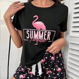 Conjunto de pijama shorts con camiseta con estampado de letra y flamenco