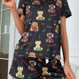 con estampado de oso y letra Camiseta & con lazo delantero Shorts Conjunto de pijama