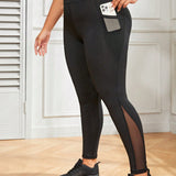 Yoga Sxy Talla grande Leggings deportivos de malla en contraste con bolsillo de movil lateral