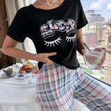 Pestanas & con estampado de letra Camiseta & con estampado de cuadros Pantalones Conjunto de pijama