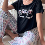 Pestanas & con estampado de letra Camiseta & con estampado de cuadros Pantalones Conjunto de pijama