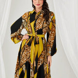 Modely Vestido con cinturon con estampado floral de leopardo de manga farol