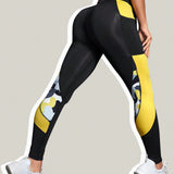 Leggings deportivos de color combinado de cintura ancha con bolsillo para telefono