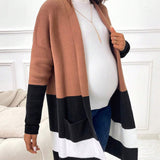 Maternidad Cardigan de color combinado con doble bolsillo de hombros caidos con parte delantera abierta