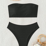 NEW  Swim Basics Conjunto De Bikini Bandeau Texturizado De Un Solo Color