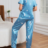 Conjunto de pijama con estampado de estrella ribete en contraste de saten
