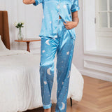 Conjunto de pijama con estampado de estrella ribete en contraste de saten