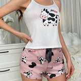 Conjunto de pijama con estampado de vaca y letra con lazo delantero