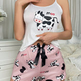 Conjunto de pijama con estampado de vaca y letra con lazo delantero