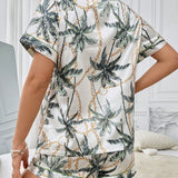Conjunto de pijama con estampado tropical ribete en contraste de saten