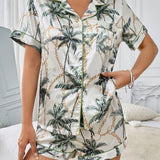 Conjunto de pijama con estampado tropical ribete en contraste de saten