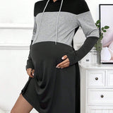 Vestido De Maternidad Para Mujeres Embarazadas Con Mangas Largas Con Capucha Y Cordon Con Bloqueo De Color