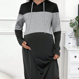 Vestido De Maternidad Para Mujeres Embarazadas Con Mangas Largas Con Capucha Y Cordon Con Bloqueo De Color