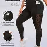 Yoga Basic Talla grande Leggings deportivos de malla en contraste con bolsillo para telefono