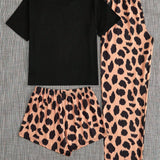 Conjunto De Pijama De Camiseta De Manga Corta, Pantalones Cortos Y Pantalones Largos Con Estampado De Corazones Para Mujer