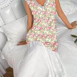 Vestido De Dormir Con Encaje De Empalme Con Impresion Floral Y Colision De Colores Para Mujer, Adecuado Para Regalar En San Valentin
