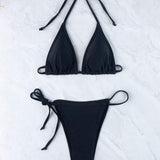 Conjunto De Bikini Negro De 2 Piezas Con Sujetador De Triangulo De Halter Y Lazo En El Cuello Y Fondo De Traje De Bano