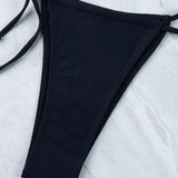 Conjunto De Bikini Negro De 2 Piezas Con Sujetador De Triangulo De Halter Y Lazo En El Cuello Y Fondo De Traje De Bano