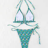 Conjunto De Top De Bikini Triangular Con Cordones Y Estampado De Flores Y Braguitas De Bano