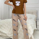 Conjunto De Pijama De Manga Corta Con Impresion De Letra De Koala En La Camiseta Y Pantalones Largos