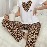 Set De Pijama Con Camiseta Y Pantalones Con Estampado De Leopardo Y Diseno De Corazon