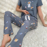 Conjunto De Camiseta Impresa Y Pijama De Oso Espacial Para Mujer