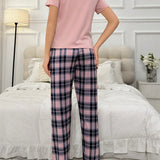 NEW Conjunto De Pijama De Camiseta Con Estampado De Letras Y Pantalones A Cuadros