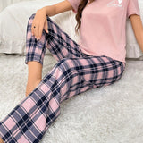 NEW Conjunto De Pijama De Camiseta Con Estampado De Letras Y Pantalones A Cuadros