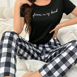 NEW Conjunto De Pijama De Pantalon A Cuadros Y Camiseta Con Impresion De Letra