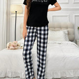 NEW Conjunto De Pijama De Pantalon A Cuadros Y Camiseta Con Impresion De Letra