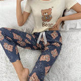 Conjunto De Pijama De Camiseta Y Pantalones Con Estampado De Osito Marinero Para Mujer