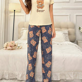 Conjunto De Pijama De Camiseta Y Pantalones Con Estampado De Osito Marinero Para Mujer