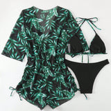 Conjunto De Bikini Triangular De Patron Tropical Para Mujeres Con Vestido De Cubierta, 3 Piezas