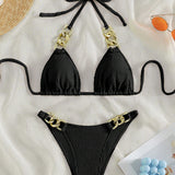 Swim BAE Conjunto De Bikini Con Detalle De Cadena Y Bloques De Color Con Tira Halter Para Mujer Carnaval