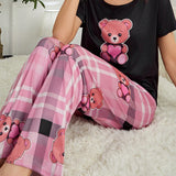 Conjunto De Pijama De Cuadros Con Estampado De Osos Lindos Para Mujer