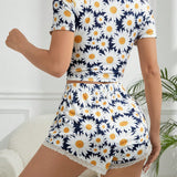 Conjunto Pijama Completo Para Mujer De Diseno Completo Con Estampado De Margaritas Y Ribete De Encaje