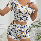 Conjunto Pijama Completo Para Mujer De Diseno Completo Con Estampado De Margaritas Y Ribete De Encaje