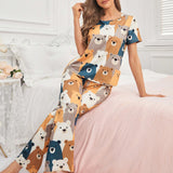 NEW Conjunto De Pijama Casual Para Mujer Con Patron De Osito Lindo