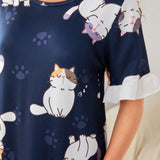 Camison De Manga Corta Con Cuello Redondo, Impresion De Gato Y Bloque De Color, Con Dobladillo Plisado Para Mujer