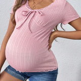 Camiseta Casual De Maternidad Con Encaje De Cuello Redondo
