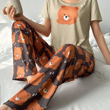 Conjunto De Pijama De Manga Corta Y Pantalon Estampado Con Osito