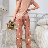 NEW Conjunto De Pijama Para Mujer De Manga Corta Y Pantalones Con Estampado De Fresa