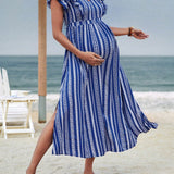 Vestido De Linea A Con Mangas Voladoras A Rayas Para Mujeres Embarazadas