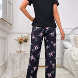Conjunto De Pijama Con Bolsillo, Camiseta De Manga Corta Con Estampado Floral Y Pantalones Largos